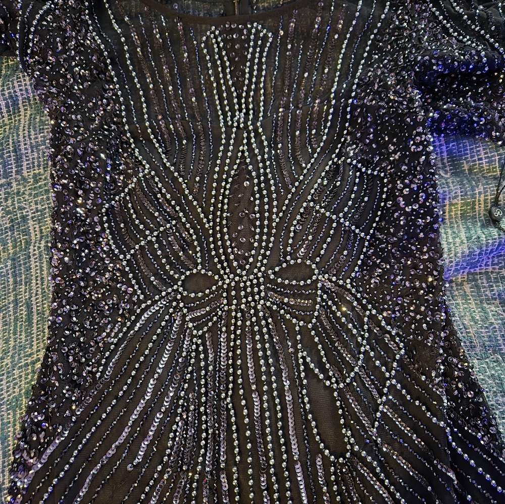 Navy sequin and beaded cocktail dress